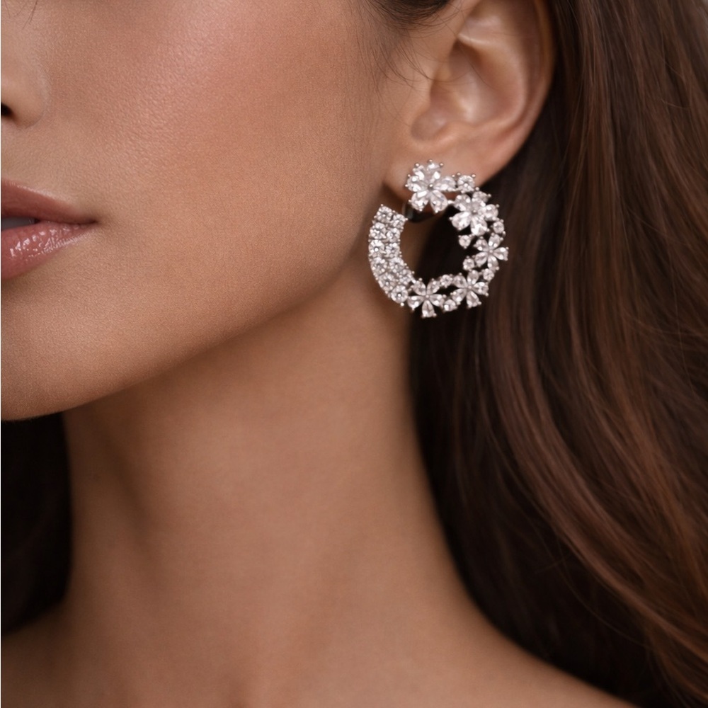 Floral Crescent Diamond Statement Earrings - Picture 2 of 7